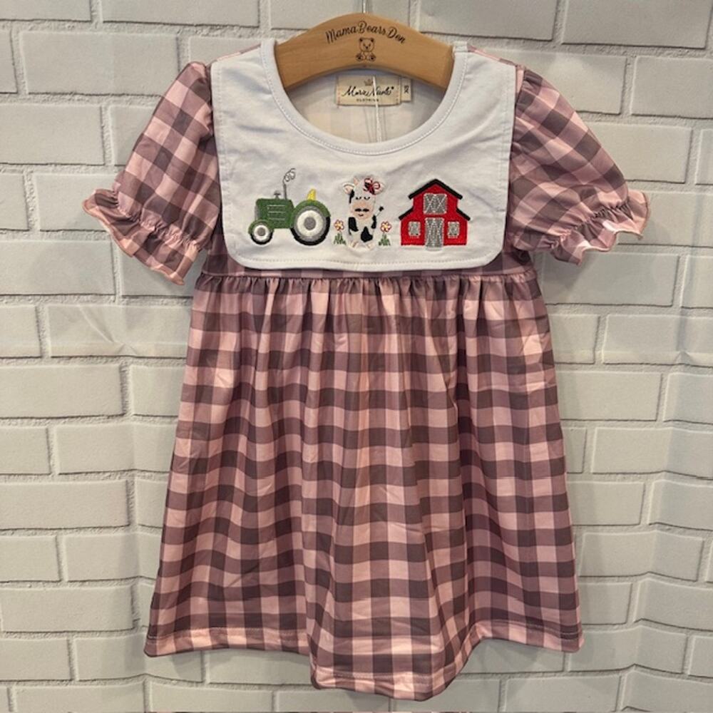Boutique Marie Nicole Girls Age 7 (3XL) Pink Plaid Farm Cow Tractor Dress
